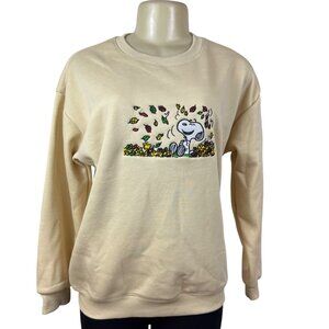 Snoopy Embroidered Beige Crewneck Sweatshirt Soft Fall Leaves Design Casual